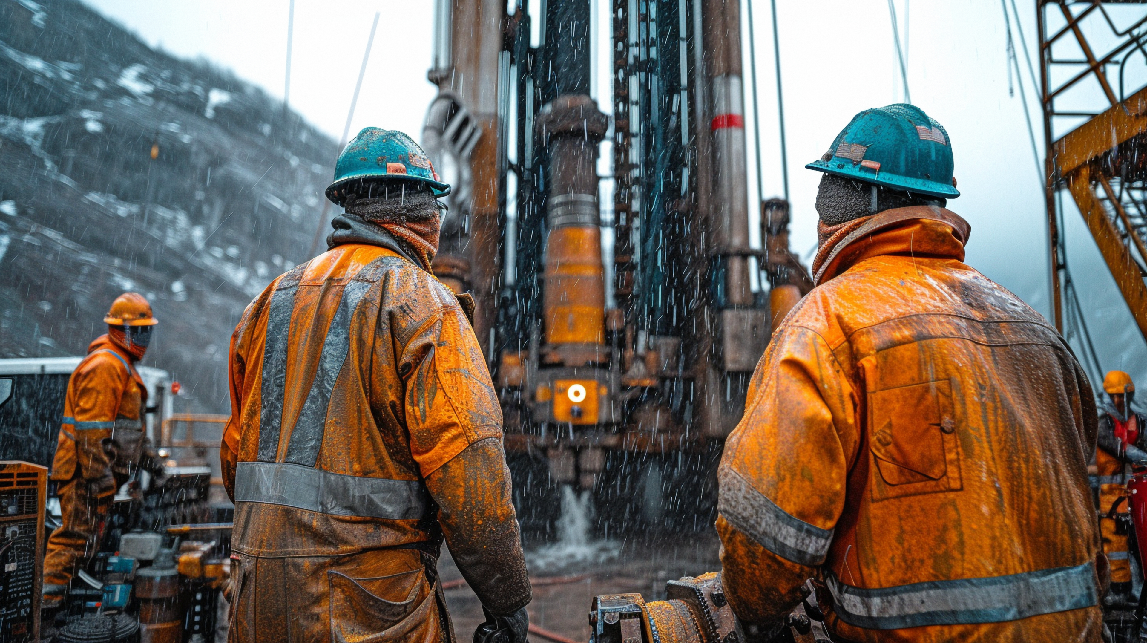 Workers on deck in the rain