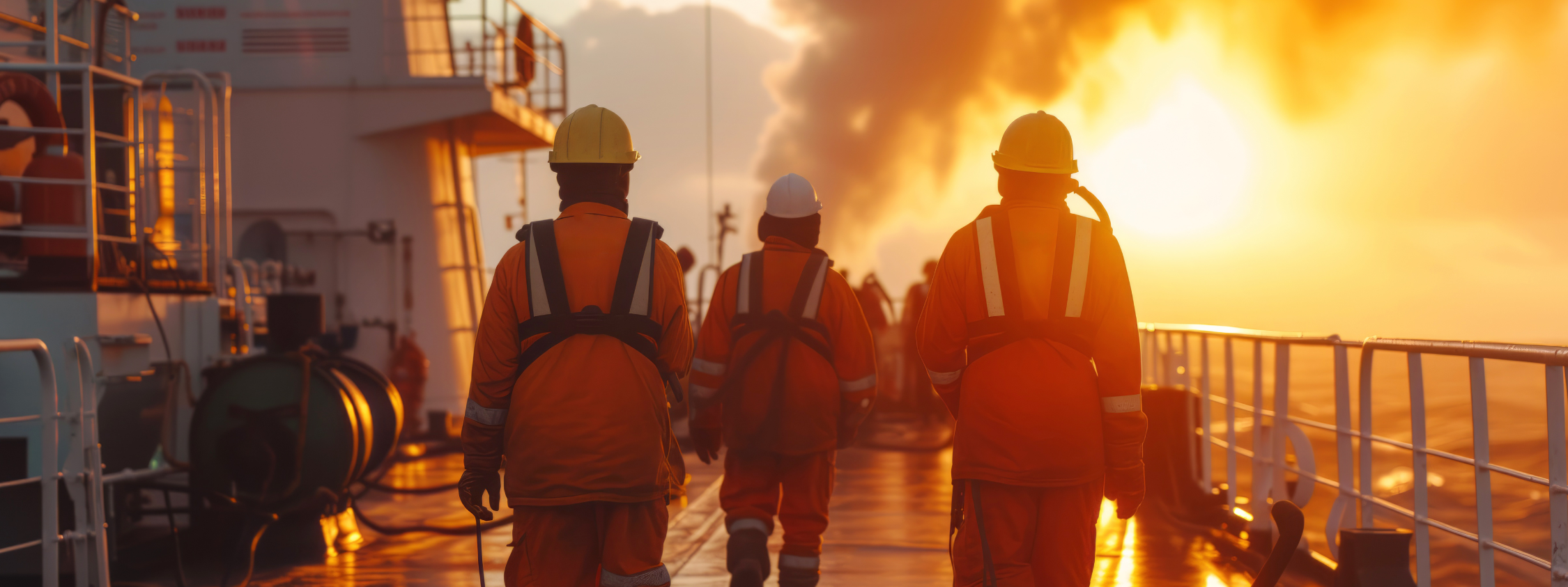 Workers on deck in rain gear